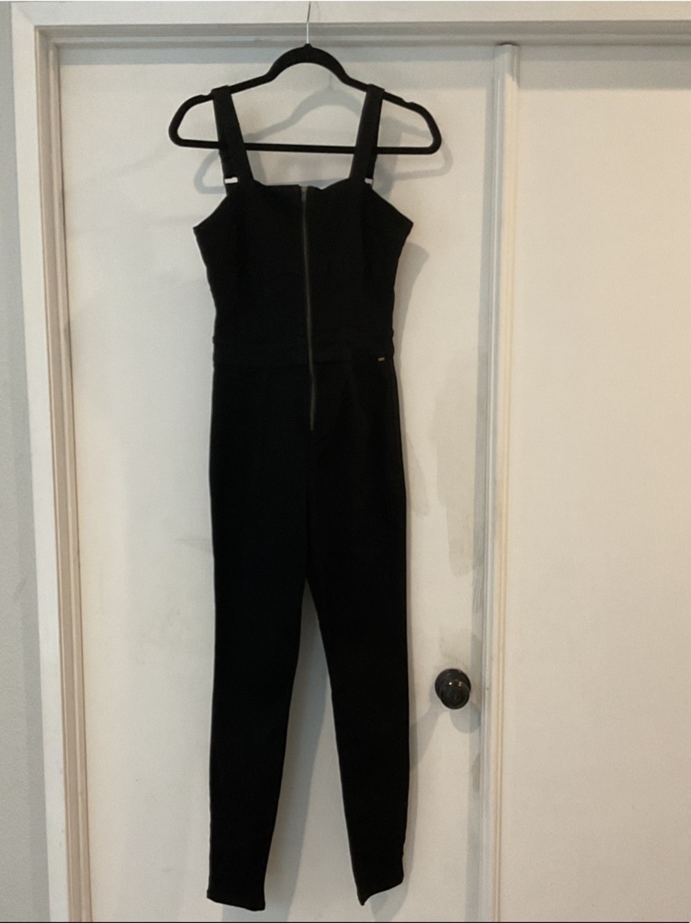 Guess Black Sleeveless Denim Fitted Jumpsuit with Front Zip